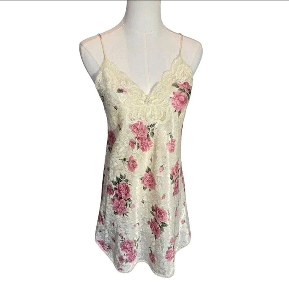 VTG Lucie Ann II Pink Floral Satin Lace Nightgown Mini Slip Dress USA 34 Small